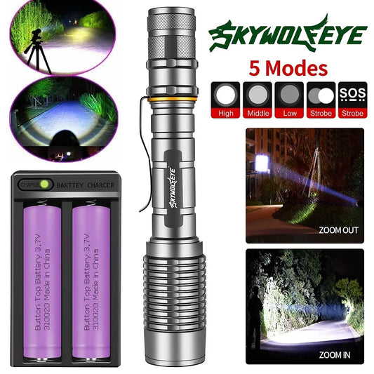 Portable LED Flashlight Pocket Super Bright High Lumens Handheld Pen Light Rechargeable 2 Slot Charger for Camping Outdoor