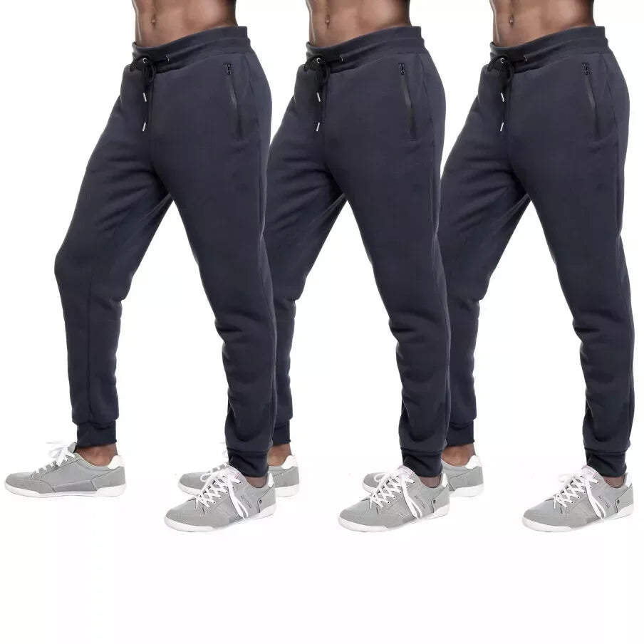 3 PACK: Men's Fleece Lined Slim Fit Casual Tech Jogger Sweatpants Zipper Pockets for Casual Wear, Sports, and Loungewear S-3XL