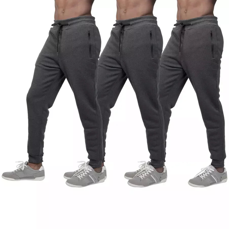 3 PACK: Men's Fleece Lined Slim Fit Casual Tech Jogger Sweatpants Zipper Pockets for Casual Wear, Sports, and Loungewear S-3XL