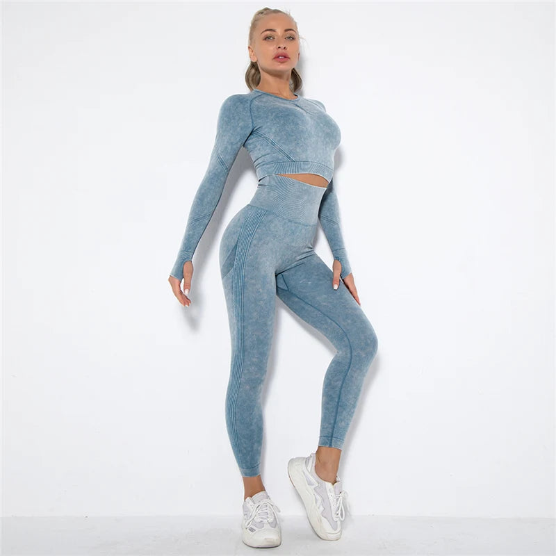 Women Seamless Yoga Set Fitness Sports Suits Gym Clothing Long Sleeve Crop Top Shirts High Waist Running Leggings Workout Pants