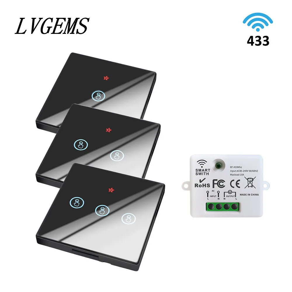 Wireless Remote Control Switch 1/2/3gang Touch Glass Panel Smart Home RF433 On-Off Bedside Dual Control Wall Light Switch