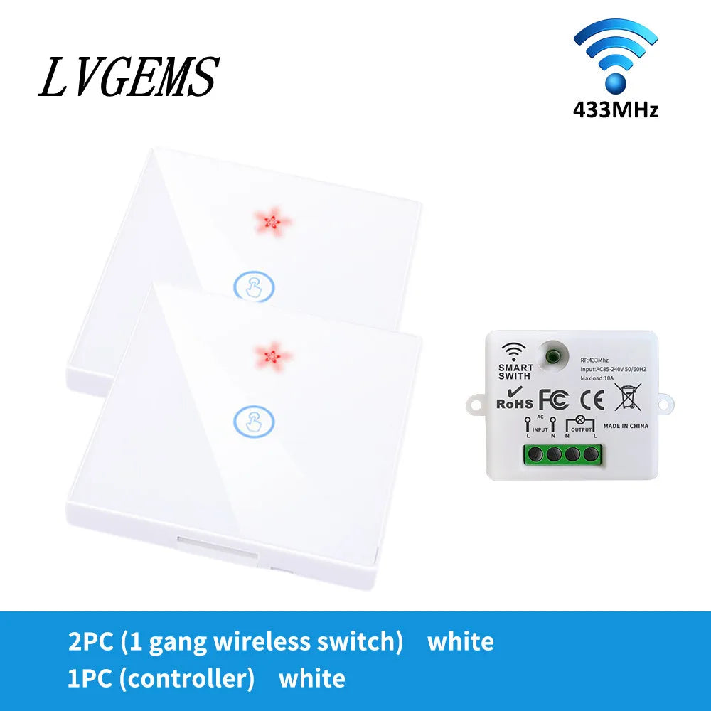 Wireless Remote Control Switch 1/2/3gang Touch Glass Panel Smart Home RF433 On-Off Bedside Dual Control Wall Light Switch