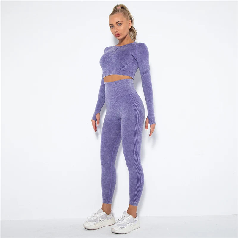 Women Seamless Yoga Set Fitness Sports Suits Gym Clothing Long Sleeve Crop Top Shirts High Waist Running Leggings Workout Pants