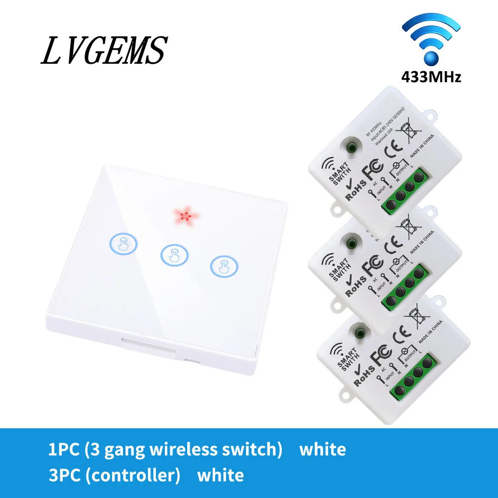 Wireless Remote Control Switch 1/2/3gang Touch Glass Panel Smart Home RF433 On-Off Bedside Dual Control Wall Light Switch