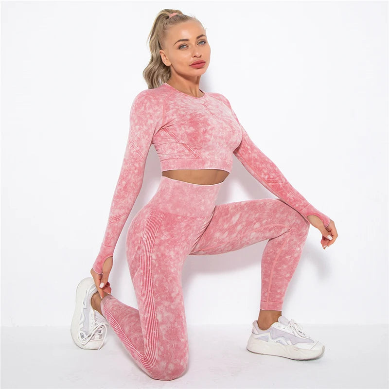 Women Seamless Yoga Set Fitness Sports Suits Gym Clothing Long Sleeve Crop Top Shirts High Waist Running Leggings Workout Pants