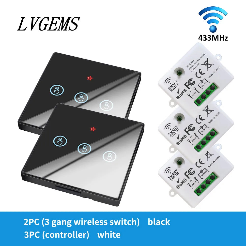 Wireless Remote Control Switch 1/2/3gang Touch Glass Panel Smart Home RF433 On-Off Bedside Dual Control Wall Light Switch