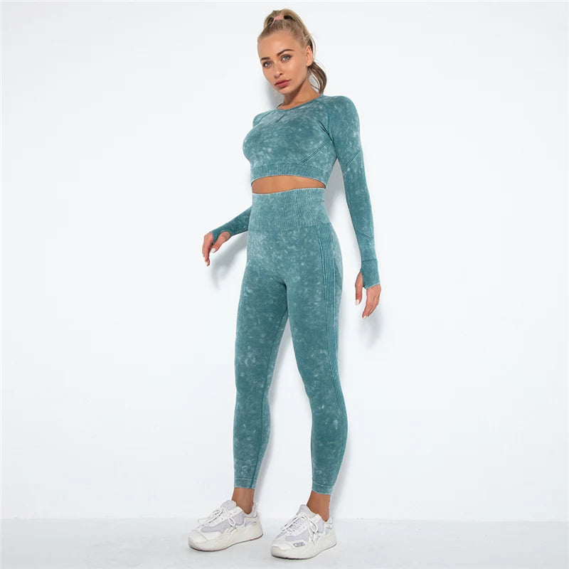 Women Seamless Yoga Set Fitness Sports Suits Gym Clothing Long Sleeve Crop Top Shirts High Waist Running Leggings Workout Pants