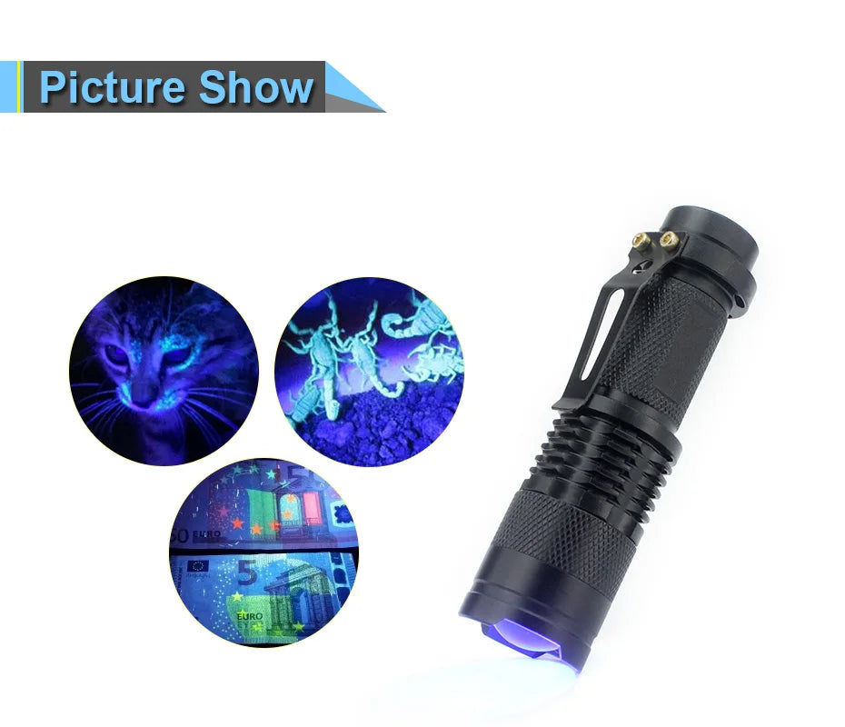 LED UV Flashlight Ultraviolet Torch With Zoom Function Mini UV Black Light Pet Urine Stains Detector Scorpion Hunting