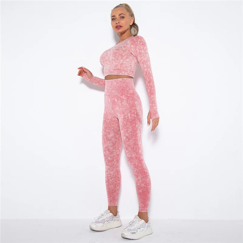 Women Seamless Yoga Set Fitness Sports Suits Gym Clothing Long Sleeve Crop Top Shirts High Waist Running Leggings Workout Pants