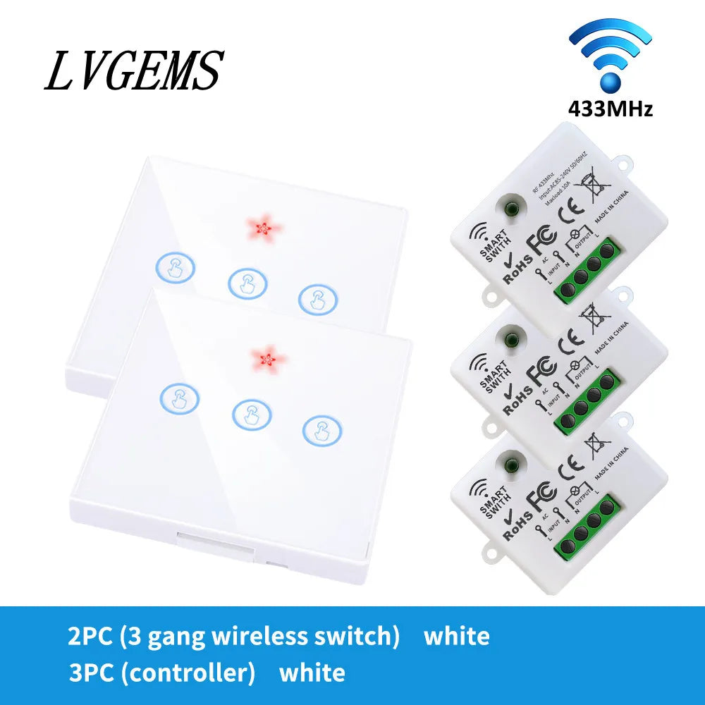 Wireless Remote Control Switch 1/2/3gang Touch Glass Panel Smart Home RF433 On-Off Bedside Dual Control Wall Light Switch