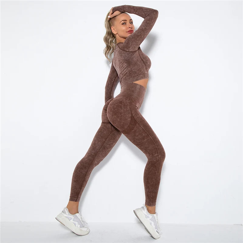 Women Seamless Yoga Set Fitness Sports Suits Gym Clothing Long Sleeve Crop Top Shirts High Waist Running Leggings Workout Pants