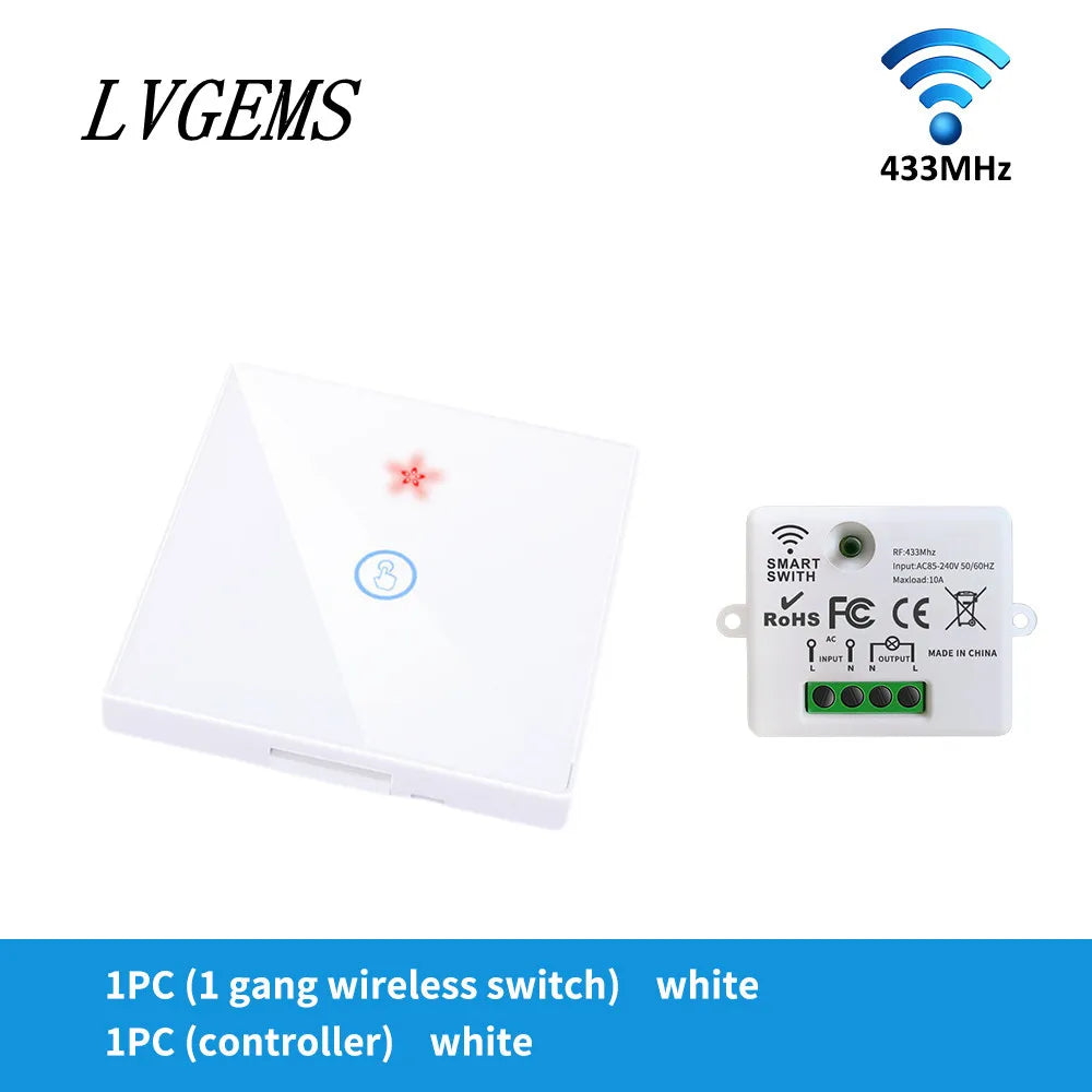 Wireless Remote Control Switch 1/2/3gang Touch Glass Panel Smart Home RF433 On-Off Bedside Dual Control Wall Light Switch