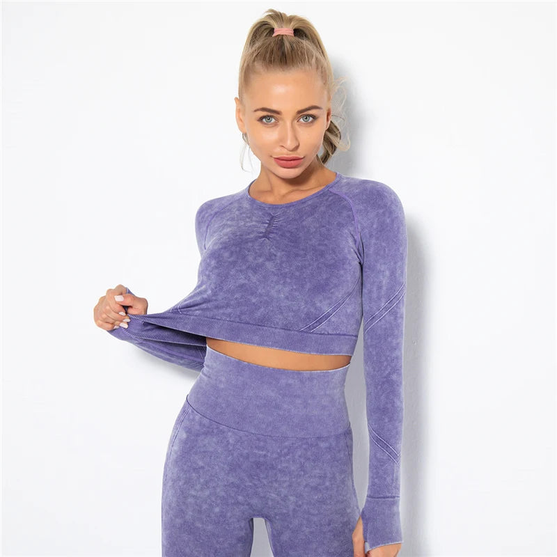 Women Seamless Yoga Set Fitness Sports Suits Gym Clothing Long Sleeve Crop Top Shirts High Waist Running Leggings Workout Pants