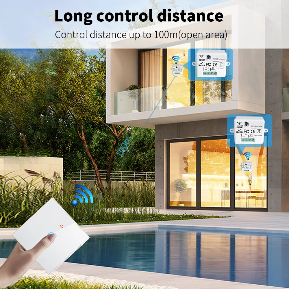 Wireless Remote Control Switch 1/2/3gang Touch Glass Panel Smart Home RF433 On-Off Bedside Dual Control Wall Light Switch