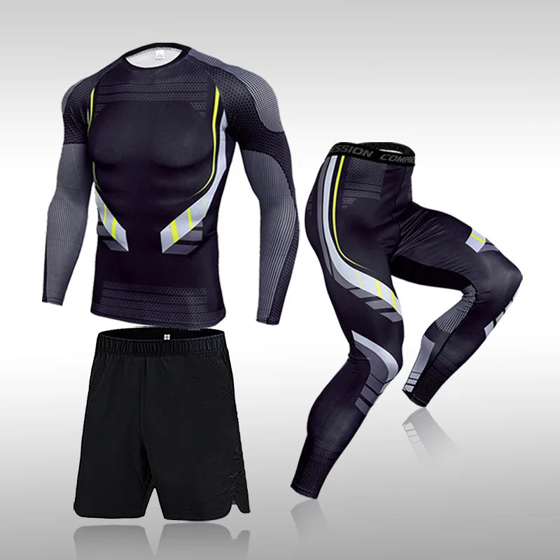 3 Pcs Set Men's Workout Sports Suit Gym Fitness Compression Clothes Running Jogging Sport Wear Exercise Rashguard Men