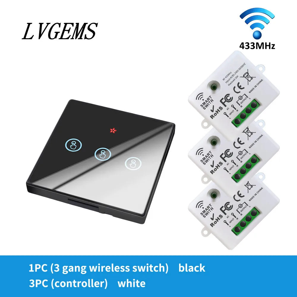 Wireless Remote Control Switch 1/2/3gang Touch Glass Panel Smart Home RF433 On-Off Bedside Dual Control Wall Light Switch