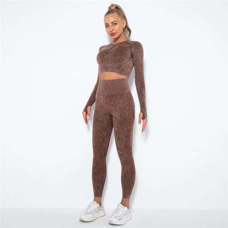 Women Seamless Yoga Set Fitness Sports Suits Gym Clothing Long Sleeve Crop Top Shirts High Waist Running Leggings Workout Pants