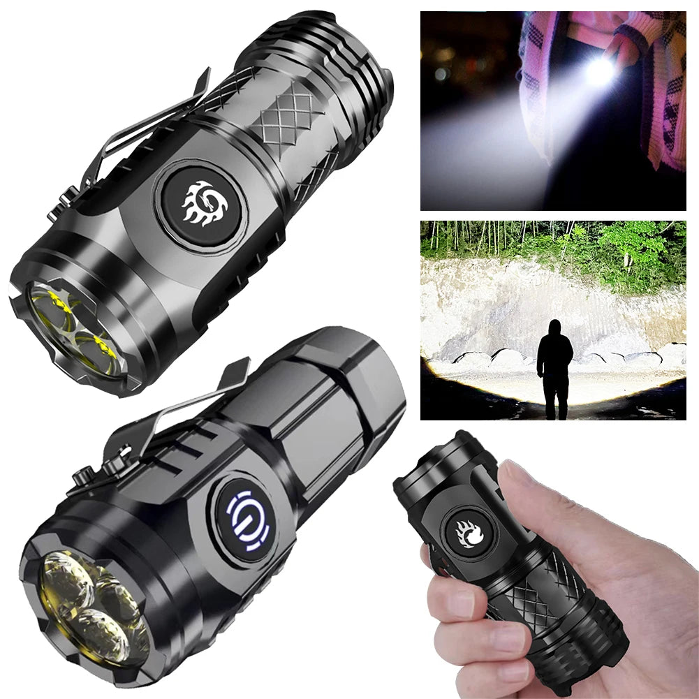 Super Bright Mini Flashlight 3-Eyed High Power LED Flashlight USB Rechargeable Clip-on Torch Light Outdoor Emergency Work Lights