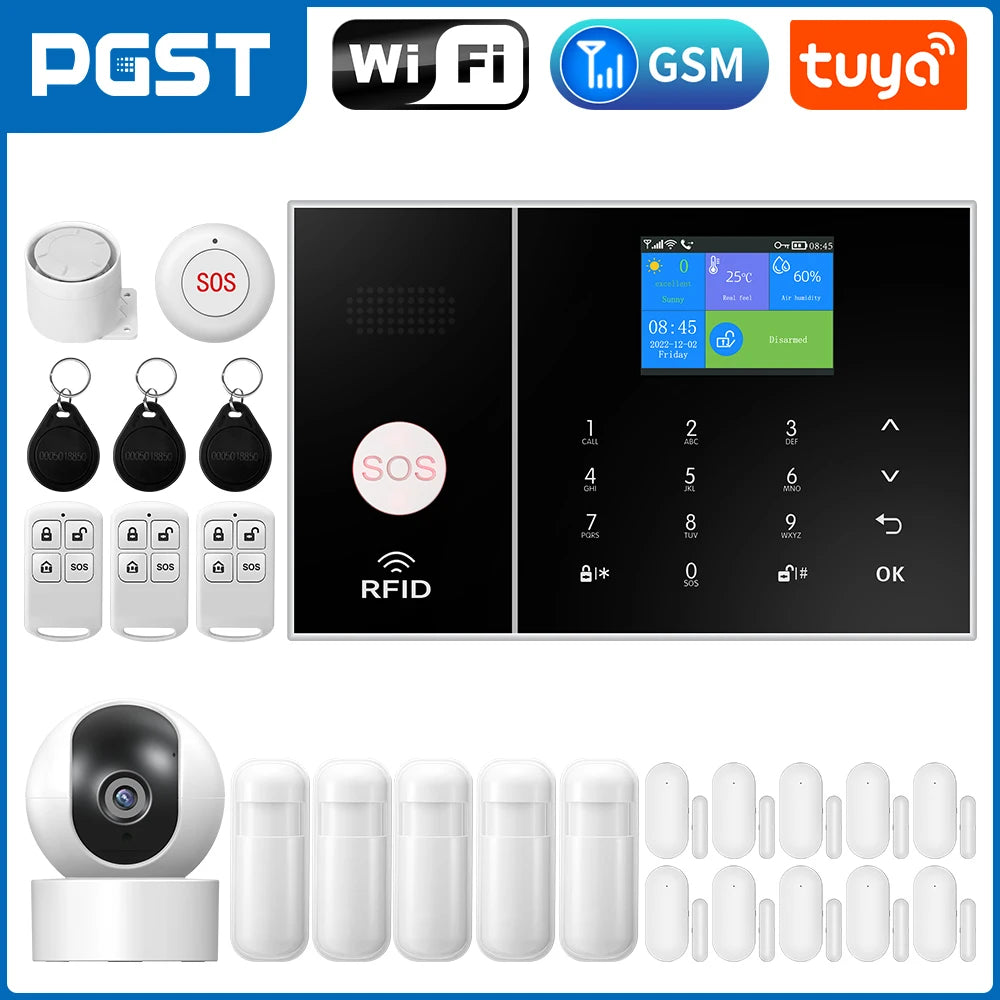 PGST Smart Life Alarm System for Home WIFI GSM Security Alarm Host with Door and Motion Sensor Tuya Smart App control work Alexa