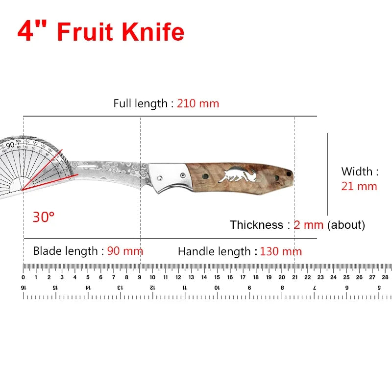 Damascus Knife Folding Knife Cutting Meat Paring Fruit Boning Knife Kitchen Knives Damascus Steel Wooden Handle Folding Knives