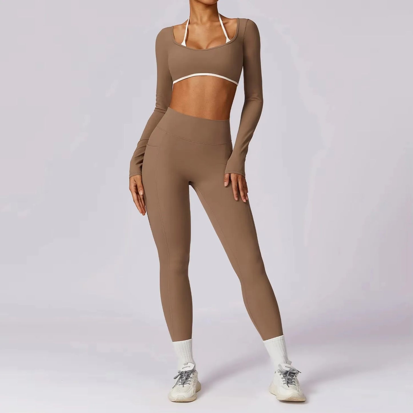 Yoga Set 2PCS Women Sportswear Push Up Workout Clothes Athletic Wear Gym Legging Fitness Bra Crop Top Long Sleeve Sports Suits