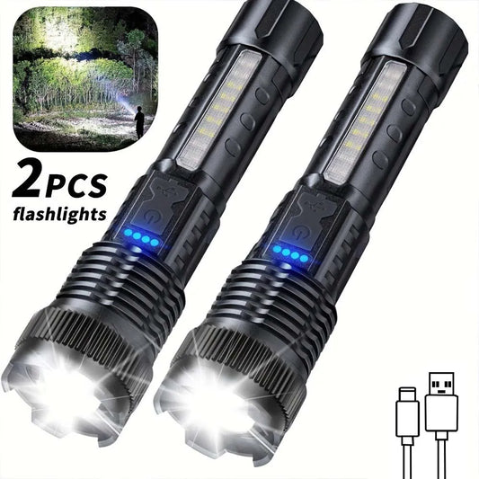 2pcs Rechargeable Zoomable Super Bright Flashlight for Emergency Power Outage, for Outdoor Camping, Hurricane