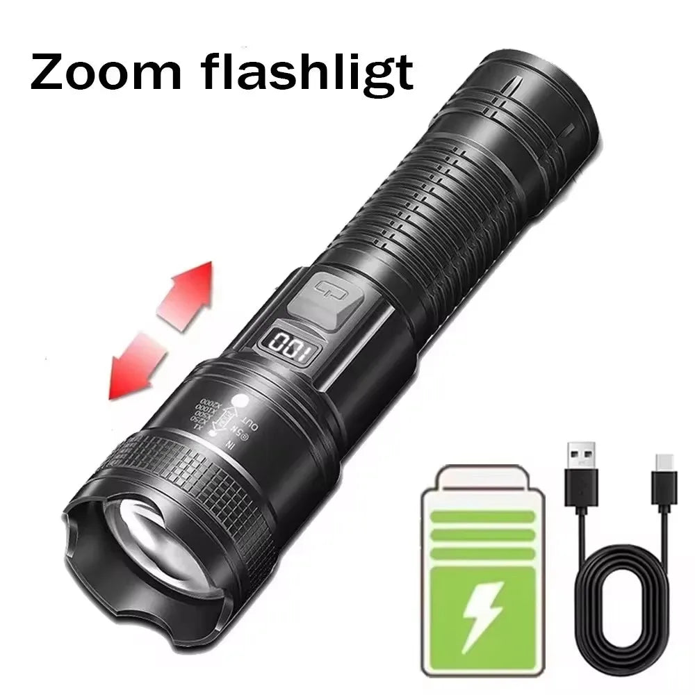 Ultra Bright LED Flashlight 2000LM Type-C Rechargeable Long Range Zoom Tactical Torch Outdoor Emergency Camping Fishing Lantern