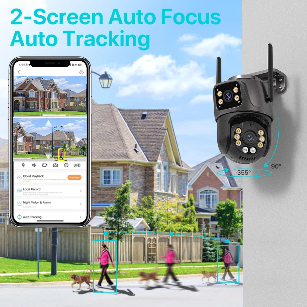 4K 8MP HD Wifi PTZ Camera Outdoor 6MP Dual Lens Dual Screen AI Auto Tracking IP Camera CCTV Audio Video Surveillance P2P iCSee