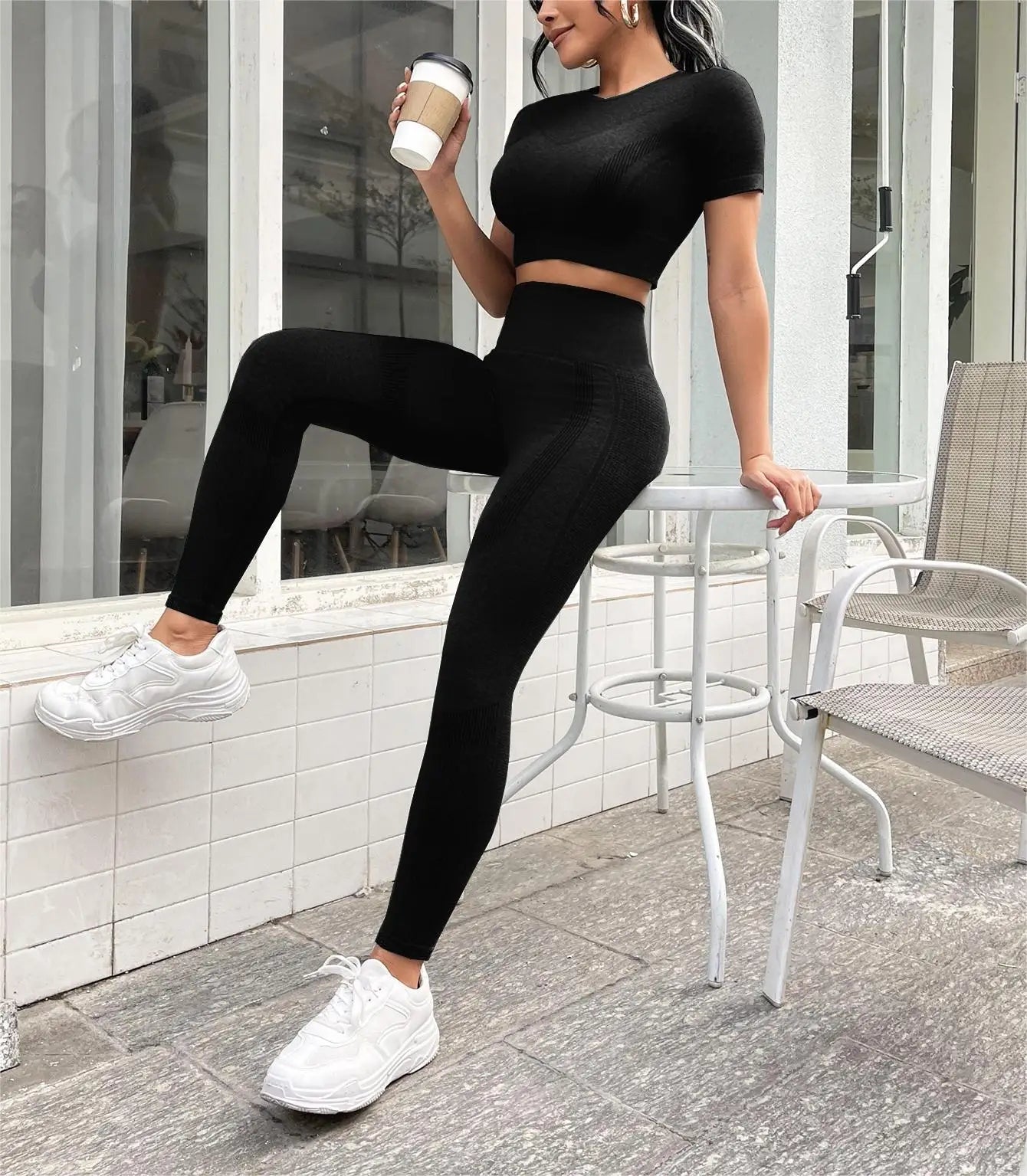 2-piece Set,Short-sleeved Top And High-waisted Tummy Control Long Pants Sportswear,Suitable For Outdoor Sport,Women's Sportswear