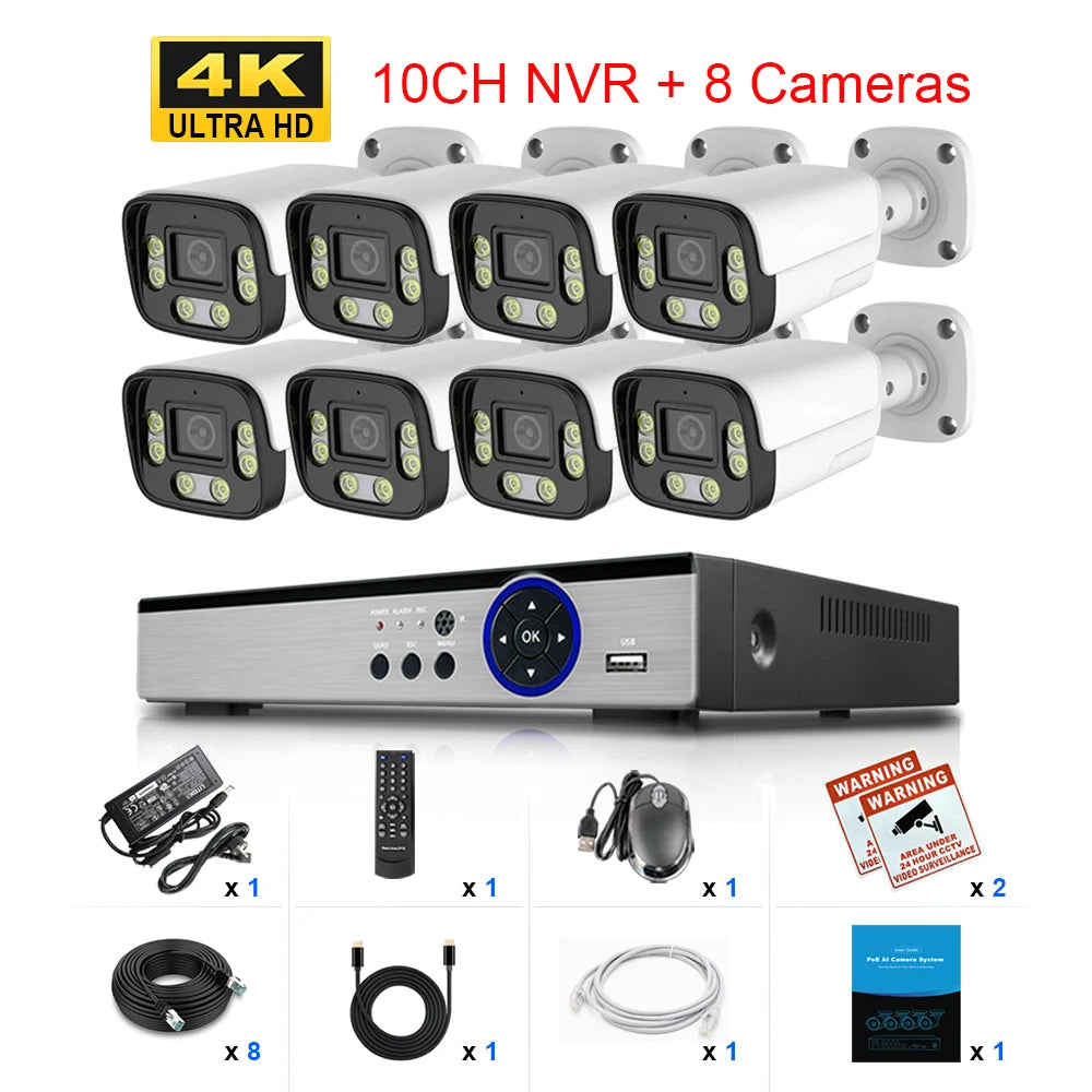 LOXCAM 8CH 4K Security Camera System 10CH 8MP 4MP POE Ai Face Detection Outdoor Two Way Audio Camera Video Surveillance Set