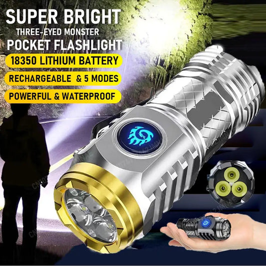 Three-Eyed Monster Mini Flashlight Super Bright Pocket Flashlight Torches 5 Modes Rechargeable & Waterproof Handheld Flashlight