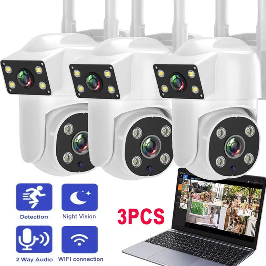 4MP WIFI IP Camera Dual Lens Screen Outdoor Full Color Night Vision AI Human Tracking Wireless PTZ Security Survalance Camera