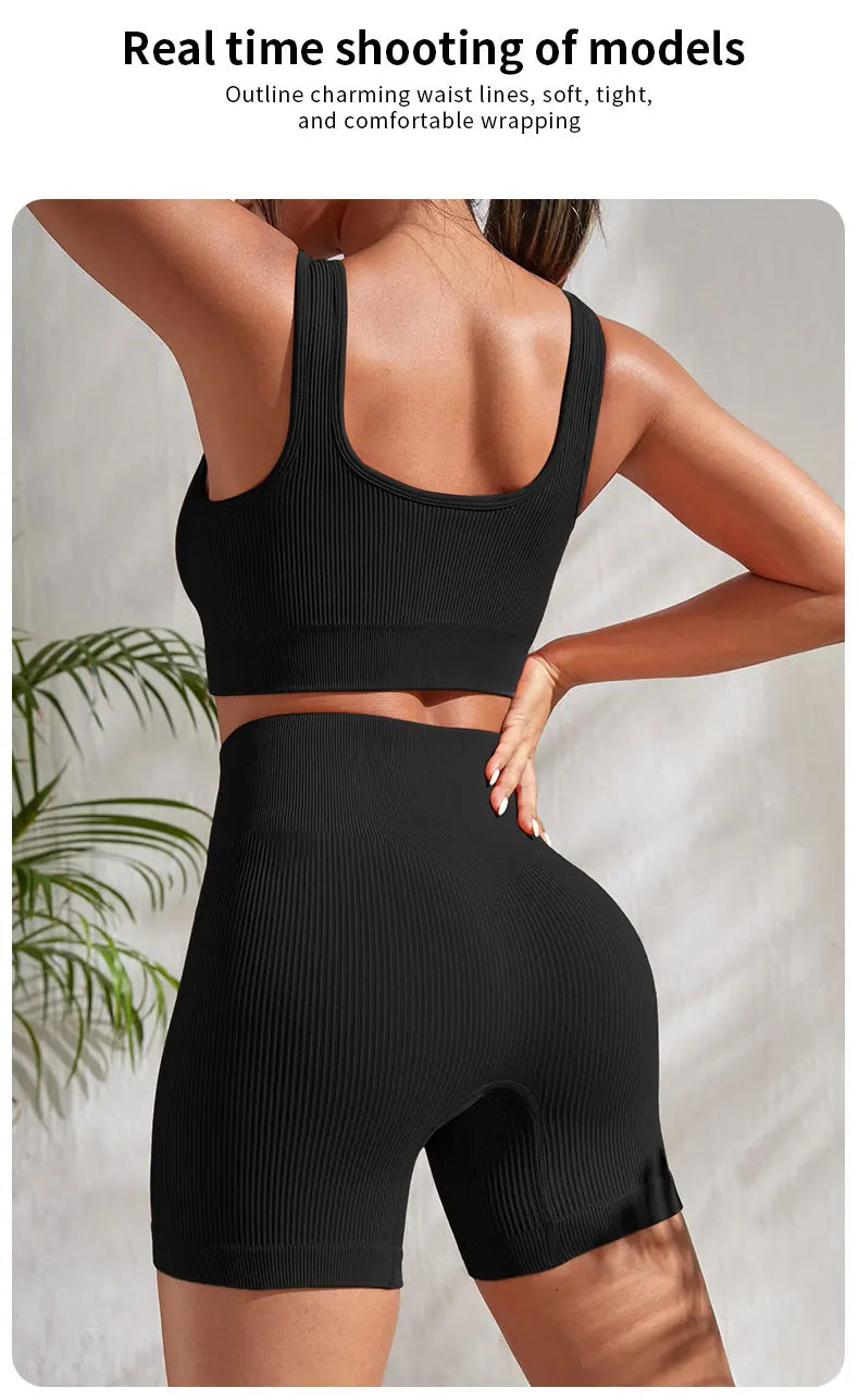 Seamless Ribbed Yoga Sets Workout Sets for Women 2 Pieces Gym Suits Ribbed Crop Tank High Waist Shorts Outfits Fitness Running