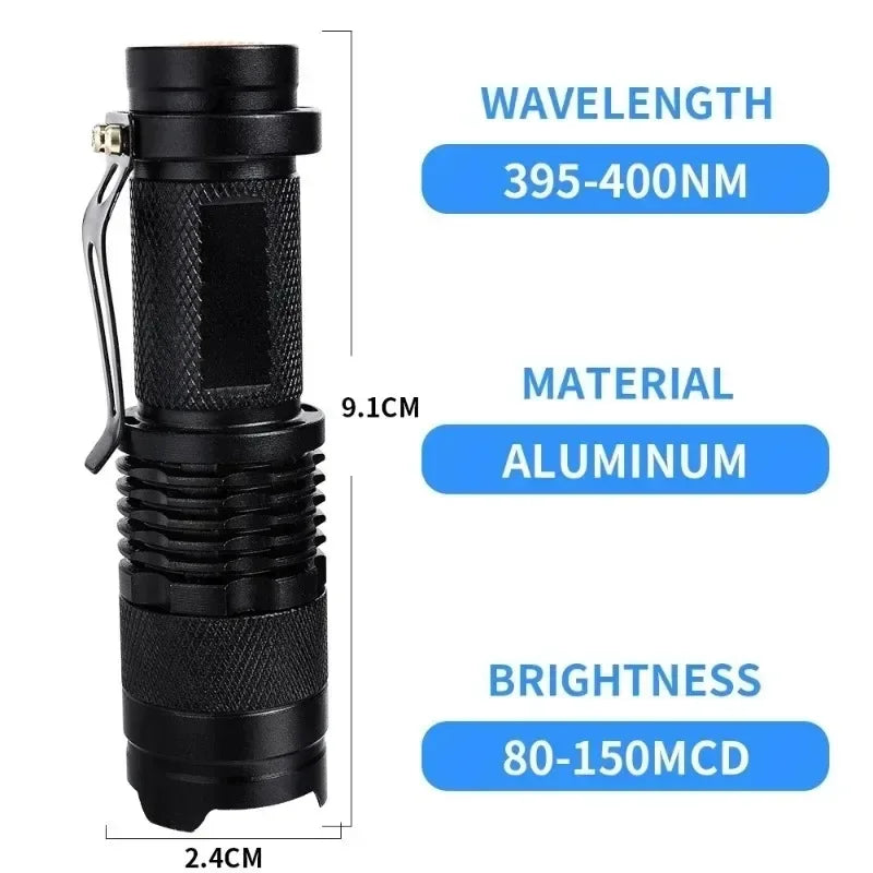 UV Flashlight Waterproof Ultra Violet Light Portable Black Light Flashlight Zoomable Lamp Scorpion Pet Urine Stain Detector Tool