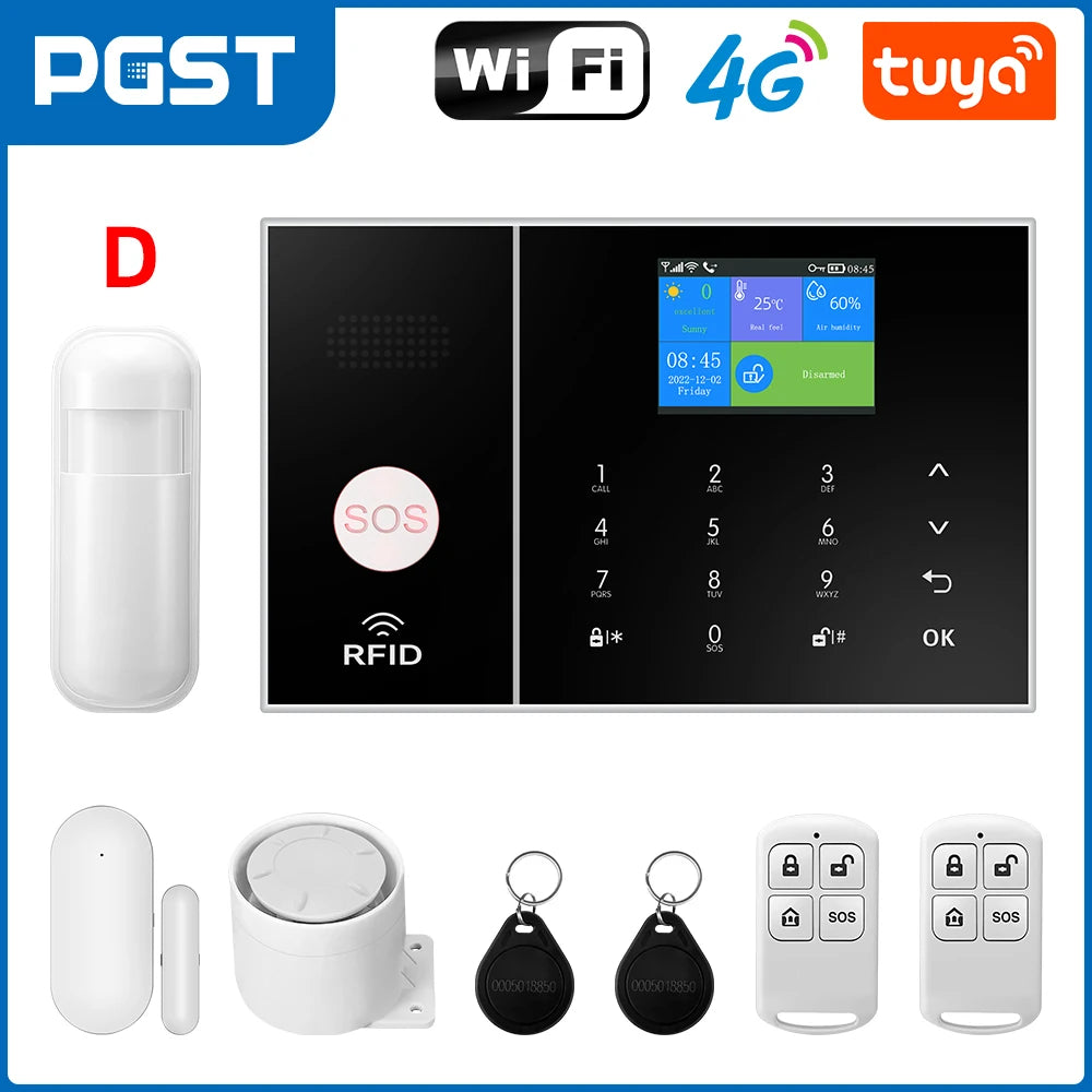 PGST  4G Smart Home Alarm System 4.3 inch WiFi Tuya Security Wireless Alarm with Door and Motion Sensor Smoke and Solar Siren