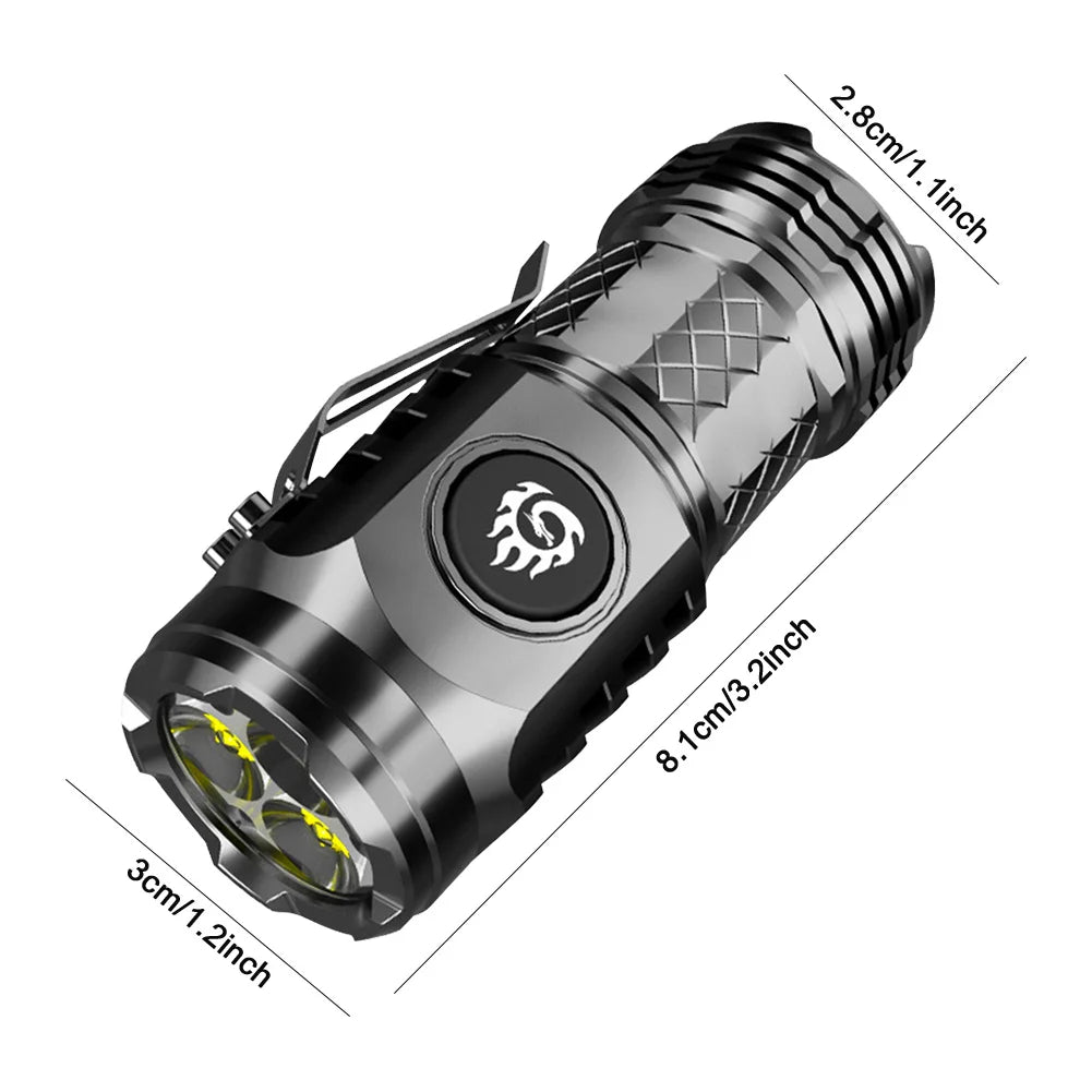 Super Bright Mini Flashlight 3-Eyed High Power LED Flashlight USB Rechargeable Clip-on Torch Light Outdoor Emergency Work Lights