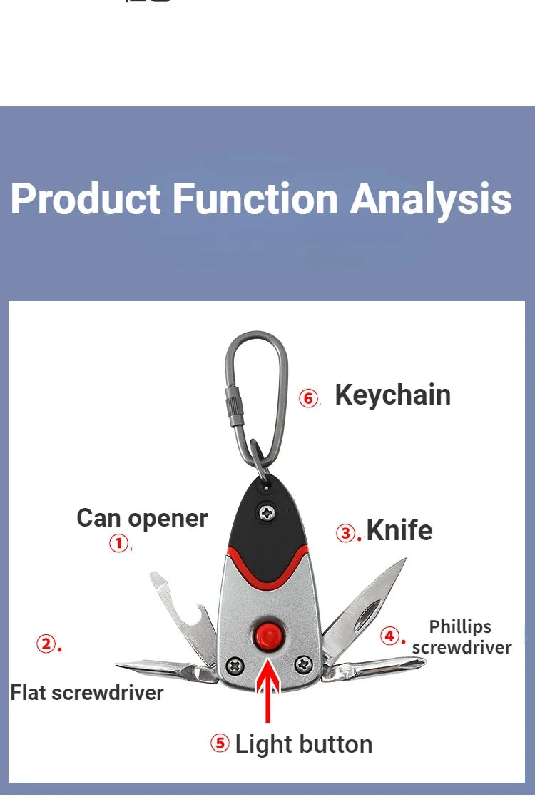 PortableScrewdriver StainlessSteel Tool Knife with LED Keychain Multi-functional Keychain Knife Gift Outdoor 6-in-1 Folding Mini