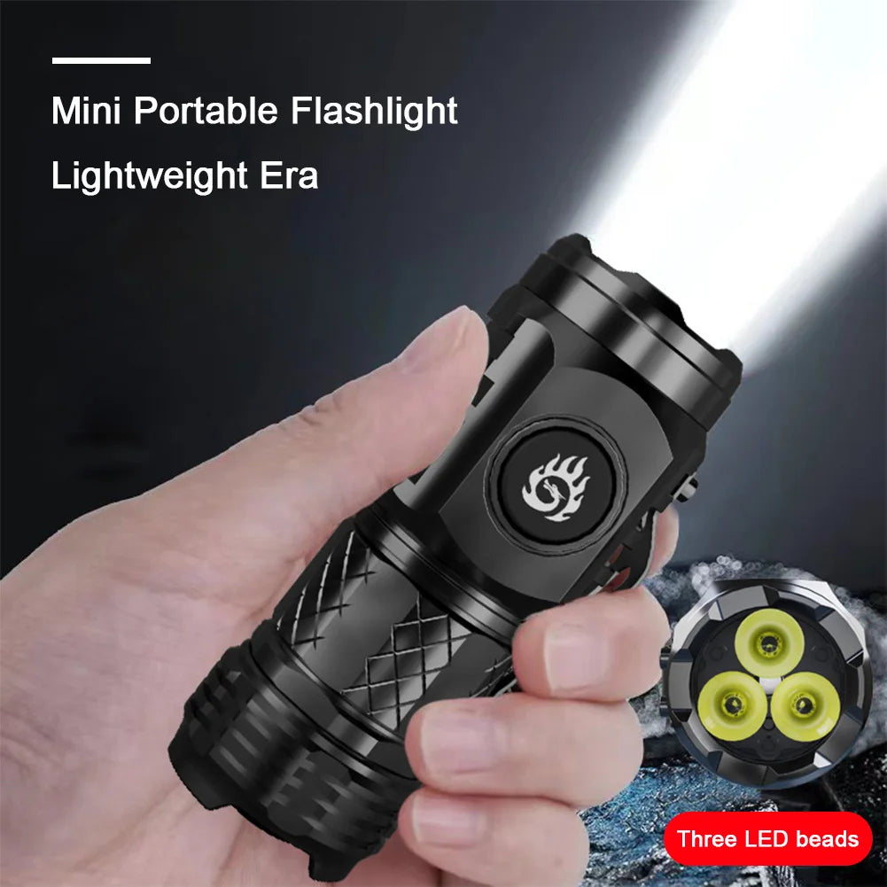 Super Bright Mini Flashlight 3-Eyed High Power LED Flashlight USB Rechargeable Clip-on Torch Light Outdoor Emergency Work Lights