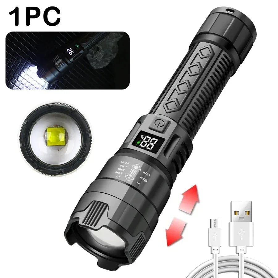 Ultra Bright LED Flashlight 2000LM Type-C Rechargeable Long Range Zoom Tactical Torch Outdoor Emergency Camping Fishing Lantern