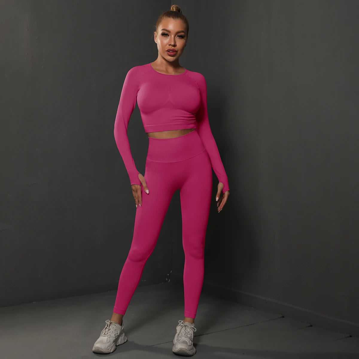 2Pcs Women Sets Energy Seamless Gym Suits Bubble Butt Sports Pants+Long Sleeve Shirts Push Up Running Sets Tracksuits Tights Set