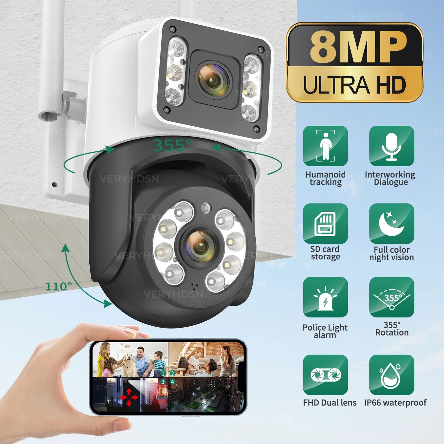 8MP 5G WiFi IP Camera PTZ 4K Dual Lens Human Detect Auto Tracking Surveillance Cameras Outdoor Waterproof Night Vision CCTV