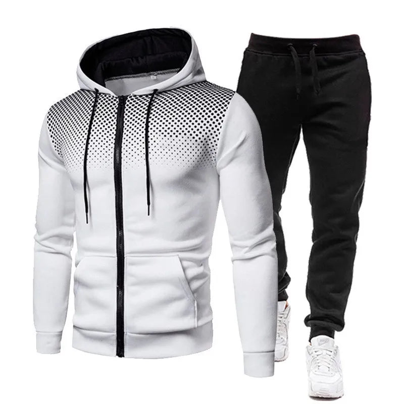 2024 Spring Fashion Dot Printed Street Sportswear Zipper Hoodie+Sports Pants 2-piece Set for Men's Casual Jogging Clothing