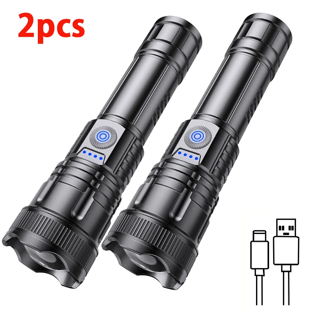 2 pcs High Power Led Flashlight Rechargeable Torch Zoom Long Range Xenon Lamp Portable Usb Hand Lantern For Camping, Outdoor