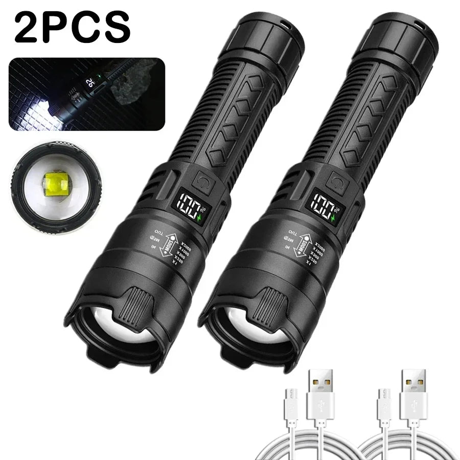 Ultra Bright LED Flashlight 2000LM Type-C Rechargeable Long Range Zoom Tactical Torch Outdoor Emergency Camping Fishing Lantern