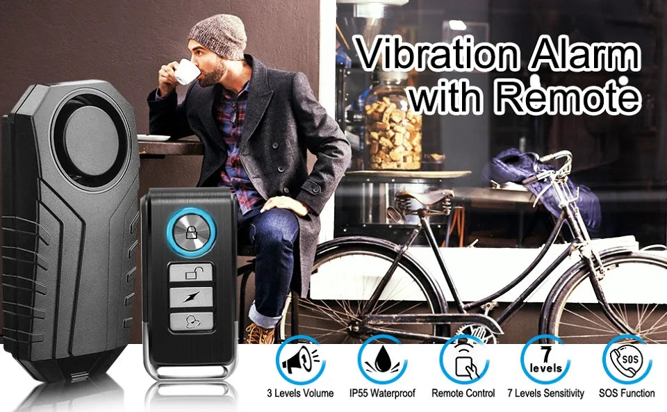 ELECTOP Bicycle Alarm 113dB Anti-Theft Wireless Vibration Remote Control Bike Motorbike Alarms Home Outdoor Security Protection