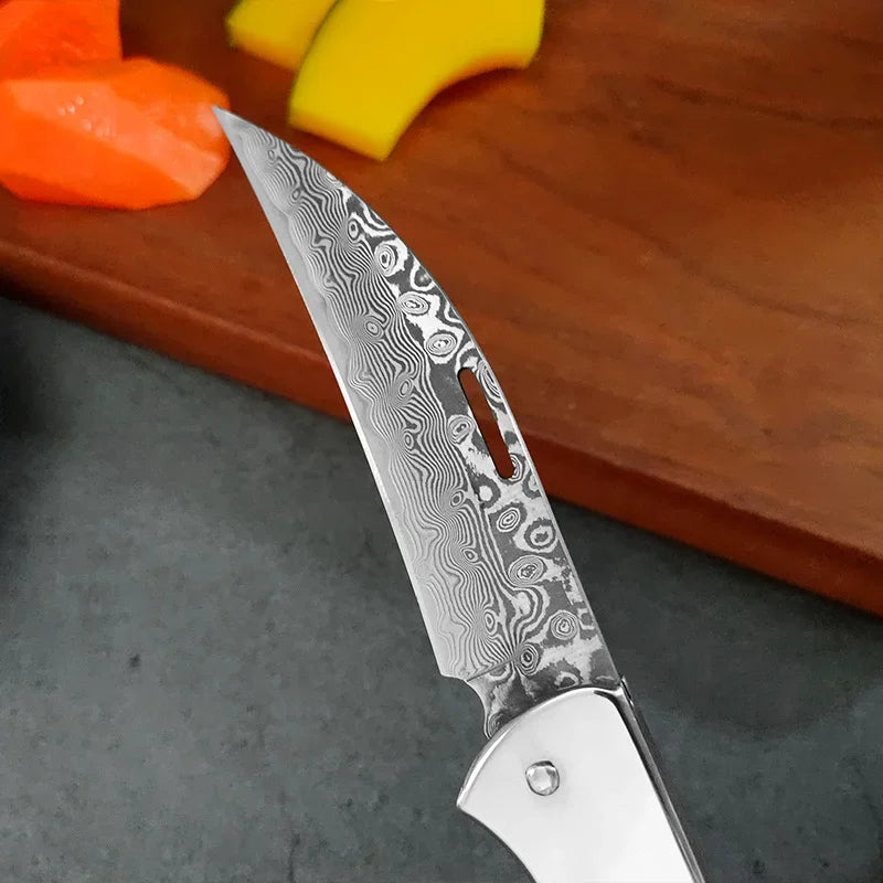 Damascus Knife Folding Knife Cutting Meat Paring Fruit Boning Knife Kitchen Knives Damascus Steel Wooden Handle Folding Knives