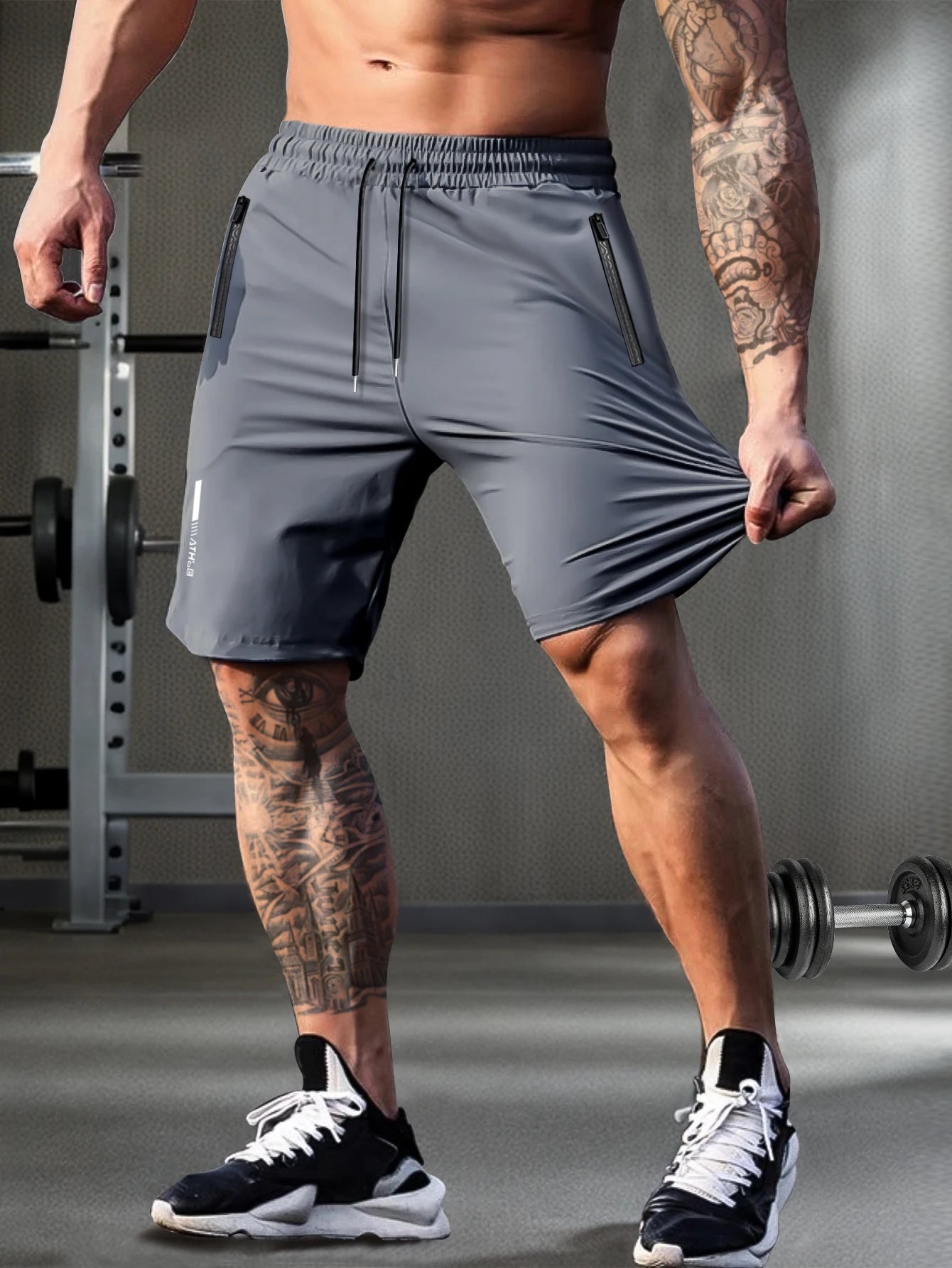 Men's solid color shorts, with zipper pockets, casual elastic drawstring shorts with a loose waist and high elasticity, suitable