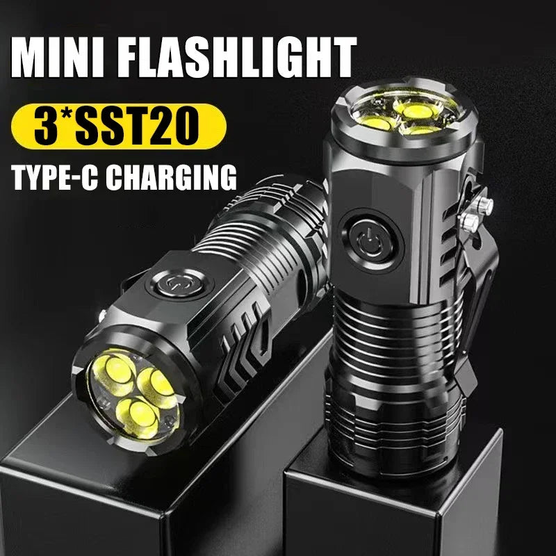 Powerful 3LED Super Bright Flashlight Portable Mini Burst Flash Torch Rechargeable Emergency Spotlight with Pen Clip