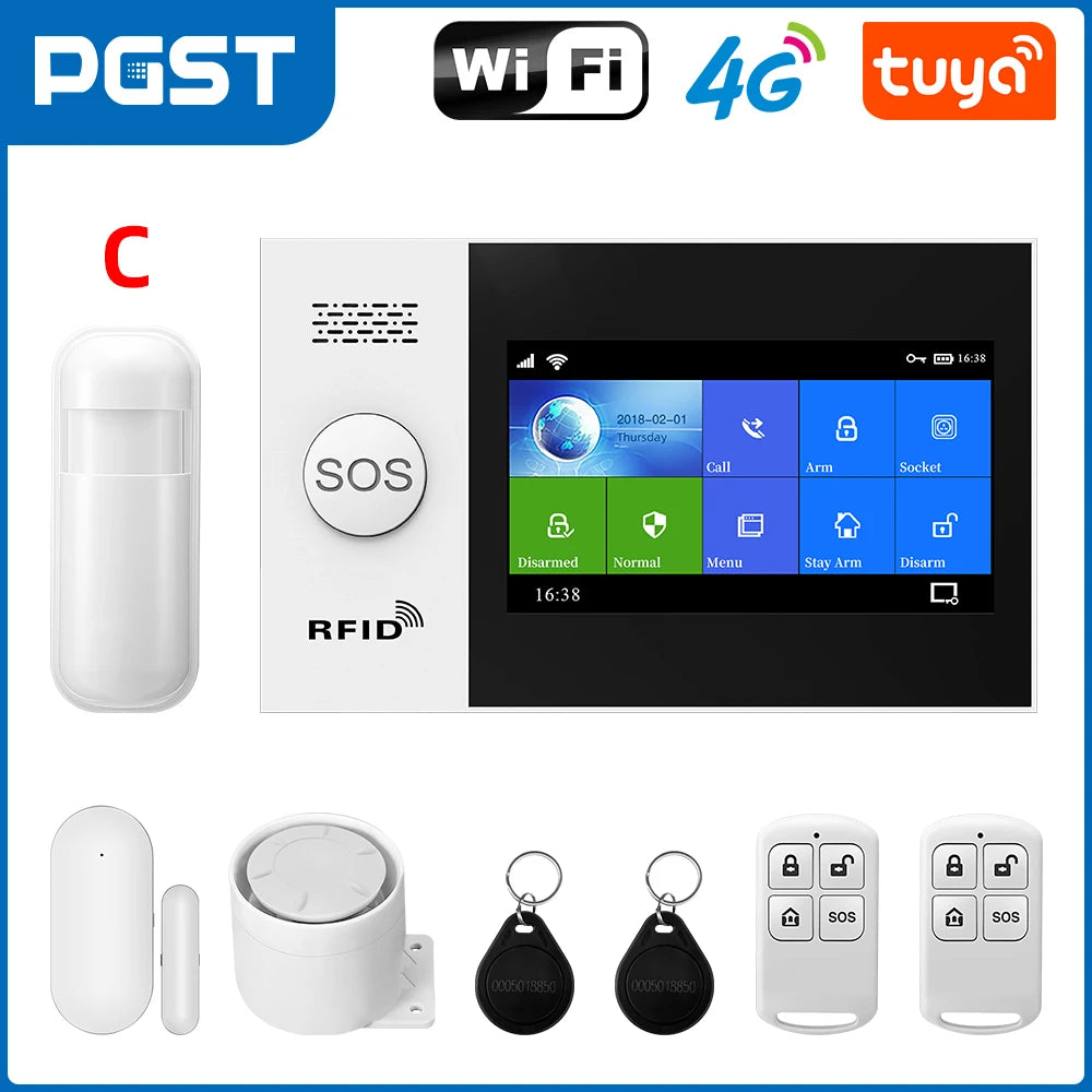 PGST  4G Smart Home Alarm System 4.3 inch WiFi Tuya Security Wireless Alarm with Door and Motion Sensor Smoke and Solar Siren