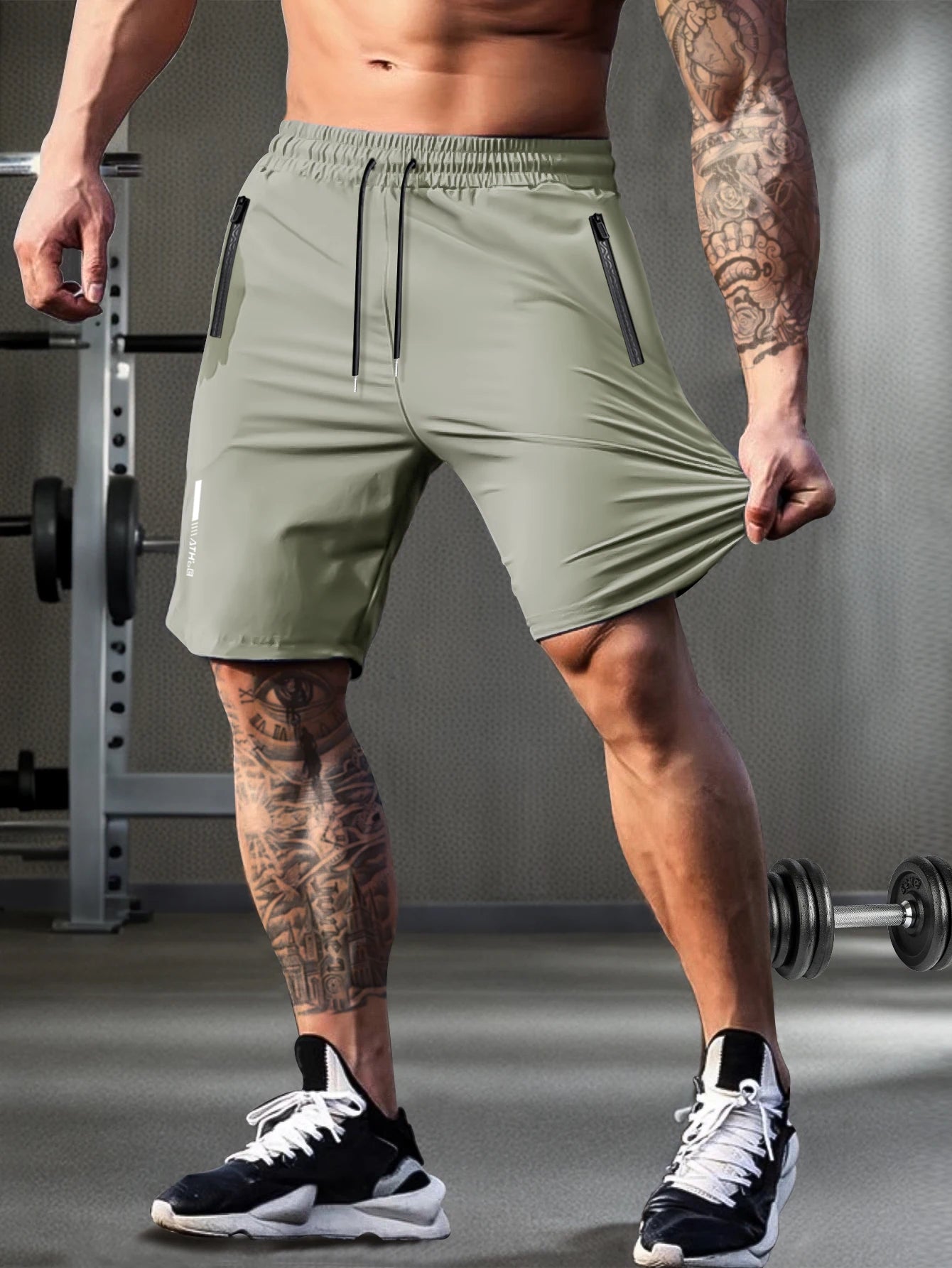 Men's solid color shorts, with zipper pockets, casual elastic drawstring shorts with a loose waist and high elasticity, suitable